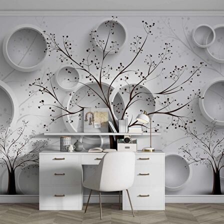 3 Boyutlu Ağaç ve Halka Desenli Beyaz Duvar Kağıdı