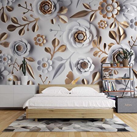 3 Boyutlu Gold-Beyaz Çiçek ve Yaprak Desenli Modern Duvar Kağıdı Baskı