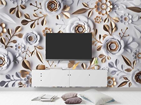 3 Boyutlu Gold-Beyaz Çiçek ve Yaprak Desenli Modern Duvar Kağıdı Baskı