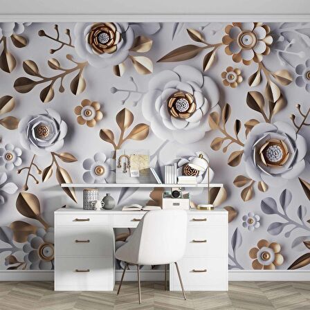 3 Boyutlu Gold-Beyaz Çiçek ve Yaprak Desenli Modern Duvar Kağıdı Baskı