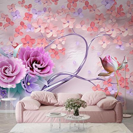 Pembe Çiçekli Ağaç Desenli Duvar Kağıdı