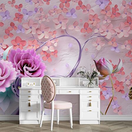 Pembe Çiçekli Ağaç Desenli Duvar Kağıdı