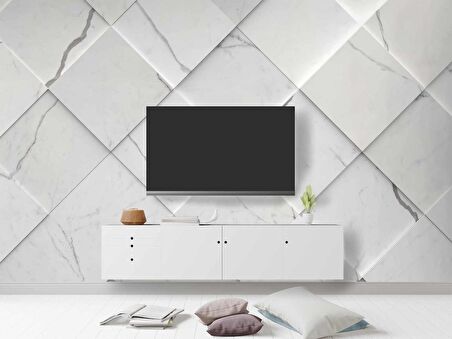 Beyaz Dörtgen Mermer Görünümlü Duvar Kağıdı Baskı