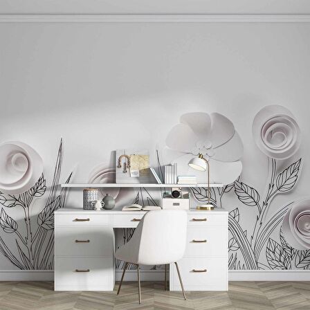 3 Boyutlu Kağıttan Beyaz Çiçek Desenli Duvar Kağıdı Baskı