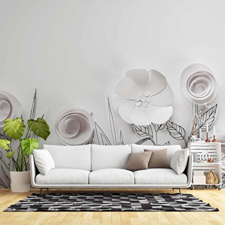 3 Boyutlu Kağıttan Beyaz Çiçek Desenli Duvar Kağıdı Baskı