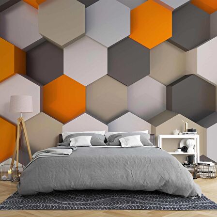 3 Boyutlu Antrasit Turuncu Altıgen Duvar Kağıdı Baskı