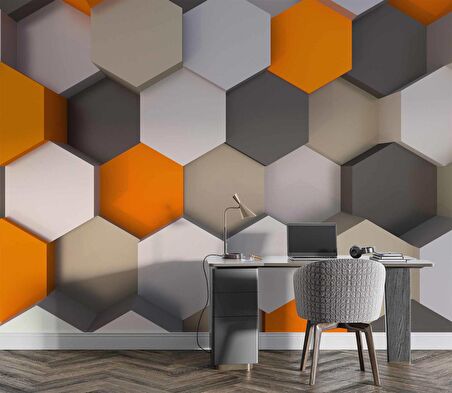 3 Boyutlu Antrasit Turuncu Altıgen Duvar Kağıdı Baskı