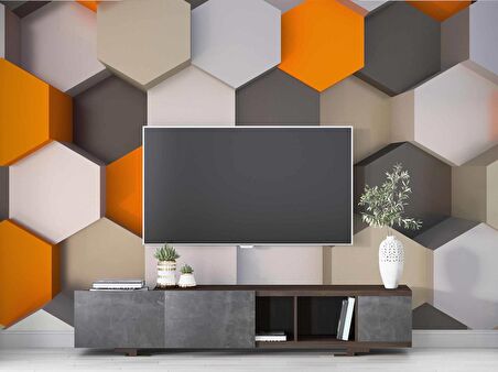 3 Boyutlu Antrasit Turuncu Altıgen Duvar Kağıdı Baskı