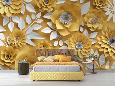 3 Boyutlu Sarı Çiçek Desenli Duvar Kağıdı Baskı