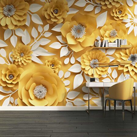 3 Boyutlu Sarı Çiçek Desenli Duvar Kağıdı Baskı