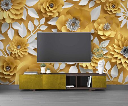 3 Boyutlu Sarı Çiçek Desenli Duvar Kağıdı Baskı