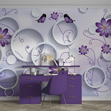 3 Boyutlu Daire, Mor Çiçek ve Kelebek Desenli Duvar Kağıdı Baskı