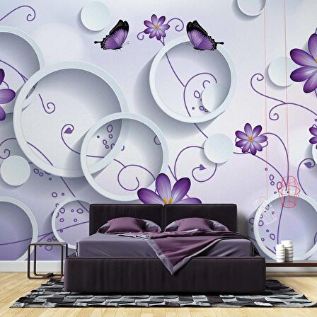 3 Boyutlu Daire, Mor Çiçek ve Kelebek Desenli Duvar Kağıdı Baskı