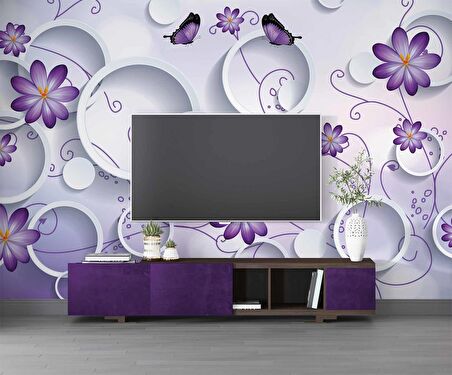 3 Boyutlu Daire, Mor Çiçek ve Kelebek Desenli Duvar Kağıdı Baskı