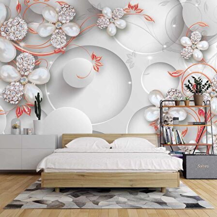 Yuvarlak Üstünde Çiçek Desenli Duvar Kağıdı Baskı