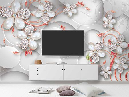 Yuvarlak Üstünde Çiçek Desenli Duvar Kağıdı Baskı