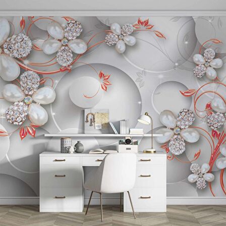 Yuvarlak Üstünde Çiçek Desenli Duvar Kağıdı Baskı