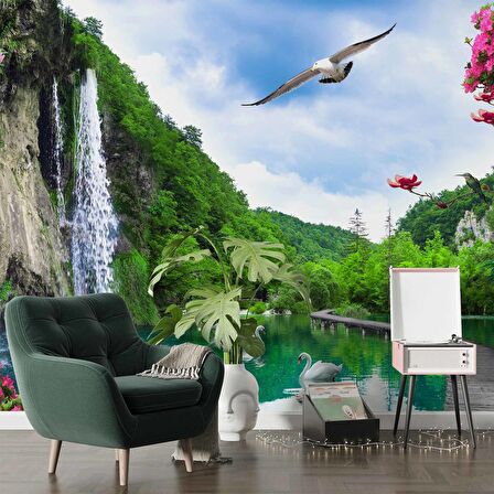 Şelale, Göl ve Martı Manzaralı Duvar Kağıdı