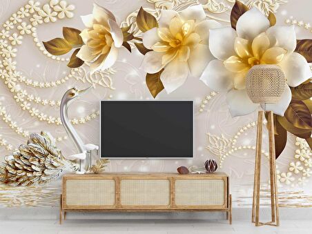 3 Boyutlu Çiçek ve Kuğu Desenli Duvar Kağıdı Baskı