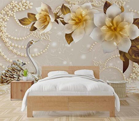 3 Boyutlu Çiçek ve Kuğu Desenli Duvar Kağıdı Baskı
