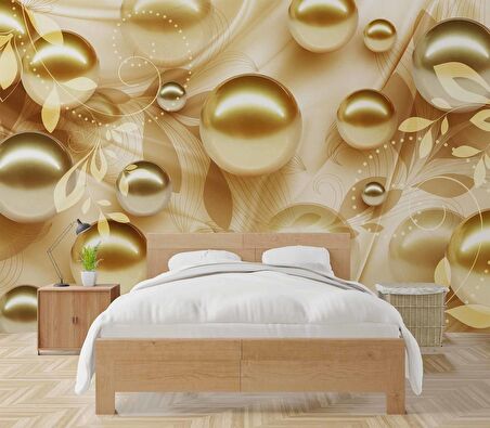 3 Boyutlu Gold Boncuk Desenli Duvar Kağıdı Baskı