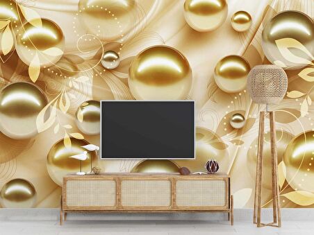 3 Boyutlu Gold Boncuk Desenli Duvar Kağıdı Baskı