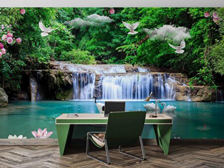 Şelale, Göl ve Orman Manzaralı Duvar Kağıdı Baskı