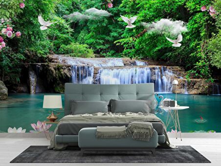 Şelale, Göl ve Orman Manzaralı Duvar Kağıdı Baskı