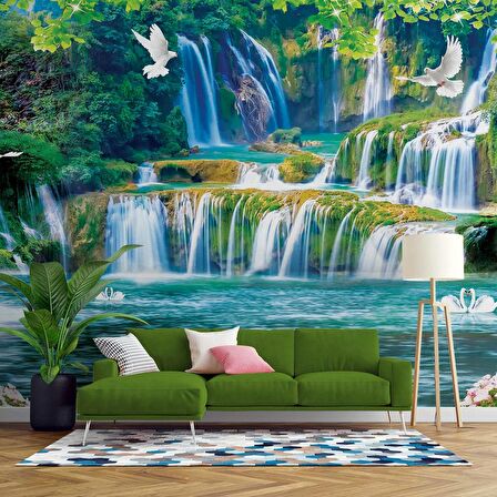 Şelale,Göl, Kuş ve Orman Manzaralı Duvar Kağıdı Baskı