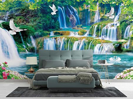 Şelale,Göl, Kuş ve Orman Manzaralı Duvar Kağıdı Baskı