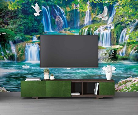 Şelale,Göl, Kuş ve Orman Manzaralı Duvar Kağıdı Baskı