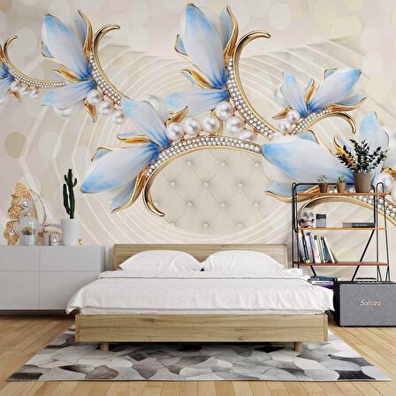 3 Boyutlu Mavi Çiçek Ve İnci Desenli Duvar Kağıdı