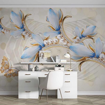 3 Boyutlu Mavi Çiçek Ve İnci Desenli Duvar Kağıdı