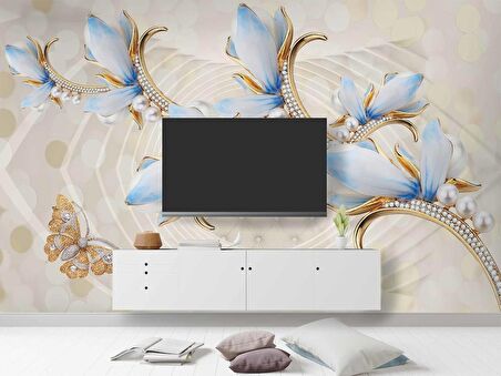 3 Boyutlu Mavi Çiçek Ve İnci Desenli Duvar Kağıdı