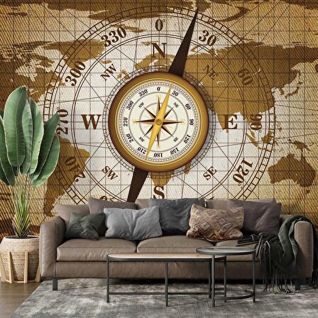 Dünya Haritası Zeminli Pusula Duvar Kağıdı Baskı