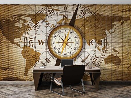 Dünya Haritası Zeminli Pusula Duvar Kağıdı Baskı