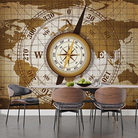 Dünya Haritası Zeminli Pusula Duvar Kağıdı Baskı