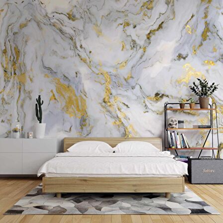 Beyaz-Altın Mermer Desenli Duvar Kağıdı Baskı