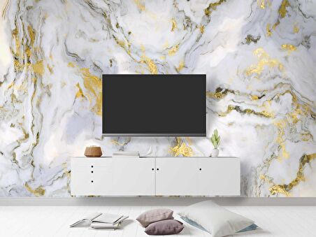 Beyaz-Altın Mermer Desenli Duvar Kağıdı Baskı