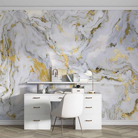 Beyaz-Altın Mermer Desenli Duvar Kağıdı Baskı