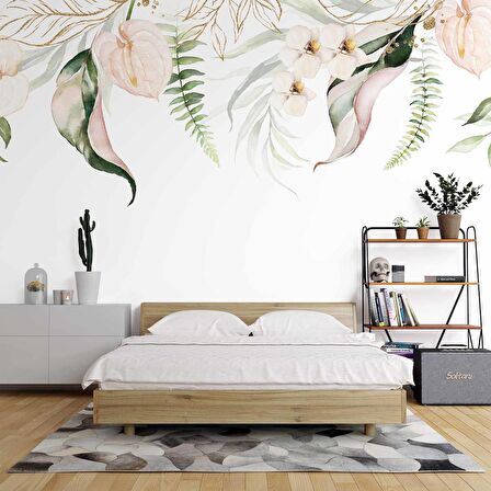 Botanik Yaprak Ve Çiçekli Duvar Kağıdı Baskı