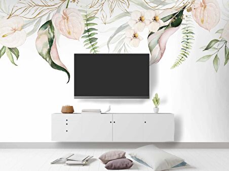 Botanik Yaprak Ve Çiçekli Duvar Kağıdı Baskı