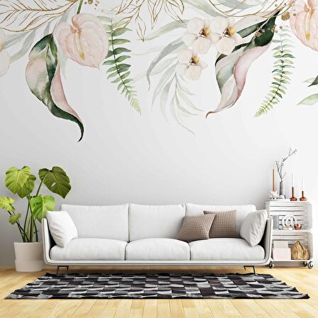 Botanik Yaprak Ve Çiçekli Duvar Kağıdı Baskı