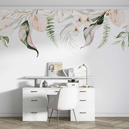 Botanik Yaprak Ve Çiçekli Duvar Kağıdı Baskı