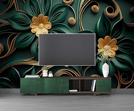 Gold-Zümrüt Yeşili Çiçek Temalı Duvar Kağıdı Baskı