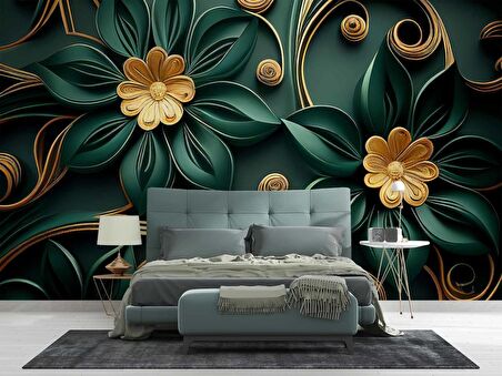 Gold-Zümrüt Yeşili Çiçek Temalı Duvar Kağıdı Baskı