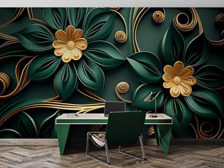 Gold-Zümrüt Yeşili Çiçek Temalı Duvar Kağıdı Baskı