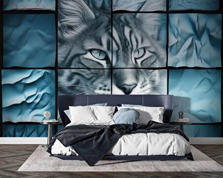 Turkuaz Kedi Temalı Duvar Kağıdı Baskı
