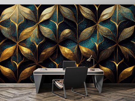 Gold-Mavi Desenli Duvar Kağıdı Baskı