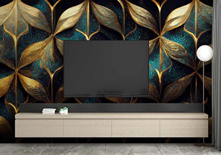 Gold-Mavi Desenli Duvar Kağıdı Baskı